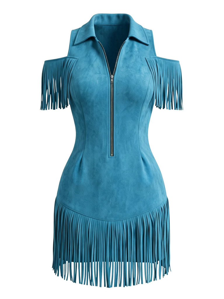 70er Cold-Shoulder Kleid mit Reverskragen und Fransen