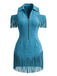 70er Cold-Shoulder Kleid mit Reverskragen und Fransen