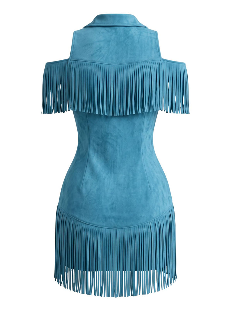 70er Cold-Shoulder Kleid mit Reverskragen und Fransen