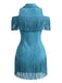 70er Cold-Shoulder Kleid mit Reverskragen und Fransen