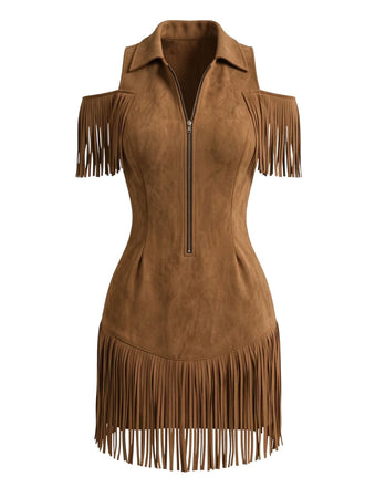 70er Cold-Shoulder Kleid mit Reverskragen und Fransen