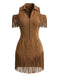 70er Cold-Shoulder Kleid mit Reverskragen und Fransen