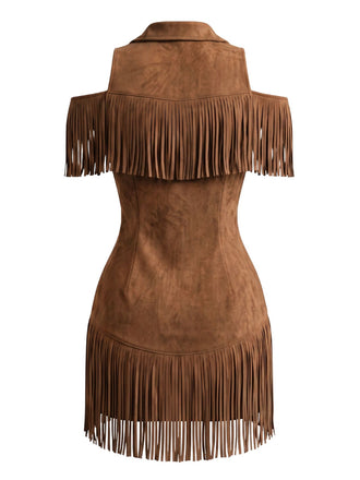 70er Cold-Shoulder Kleid mit Reverskragen und Fransen