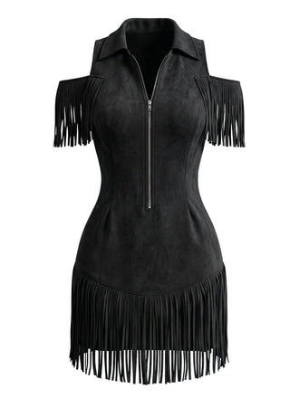 70er Cold-Shoulder Kleid mit Reverskragen und Fransen