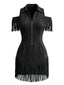 Schwarzes 70er Wildlederkleid mit Reverskragen Cold-Shoulder und Fransen