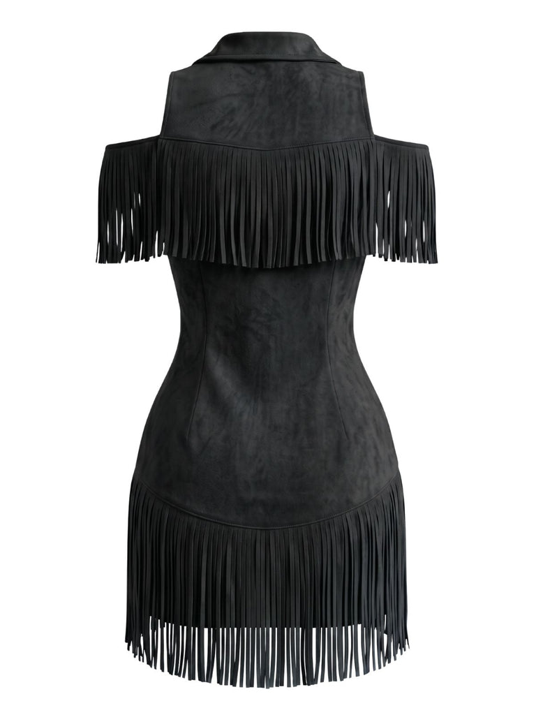 70er Cold-Shoulder Kleid mit Reverskragen und Fransen