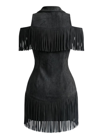 70er Cold-Shoulder Kleid mit Reverskragen und Fransen