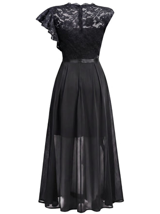 30er asymmetrisches Party-Maxikleid mit Blumenspitze und Rüschen