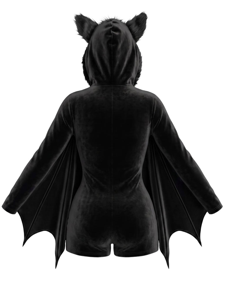 [Vorverkauf] Weinroter 60er Halloween Batgirl Samt-Romper mit Fledermausärmeln und Katzenohren-Kapuze