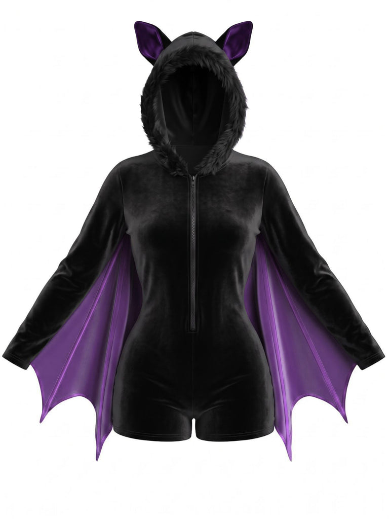 [Vorverkauf] Weinroter 60er Halloween Batgirl Samt-Romper mit Fledermausärmeln und Katzenohren-Kapuze
