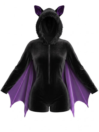 [Vorverkauf] Lila 60er Halloween Batgirl Samt-Romper mit Fledermausärmeln und Katzenohren-Kapuze