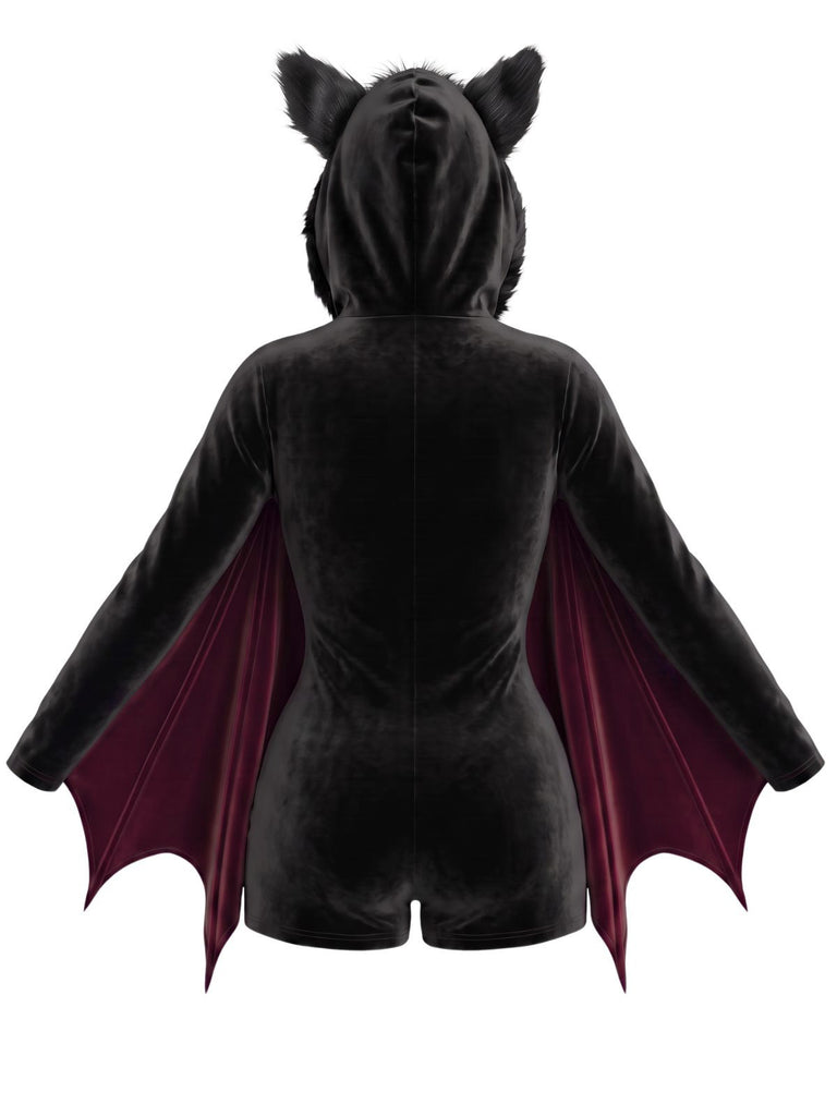 [Vorverkauf] Weinroter 60er Halloween Batgirl Samt-Romper mit Fledermausärmeln und Katzenohren-Kapuze