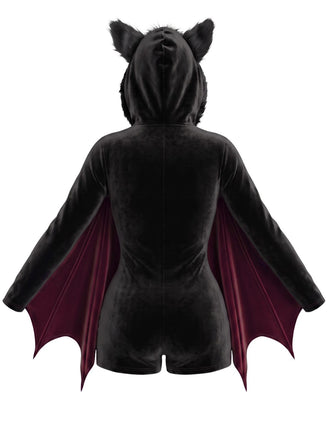 [Vorverkauf] Weinroter 60er Halloween Batgirl Samt-Romper mit Fledermausärmeln und Katzenohren-Kapuze