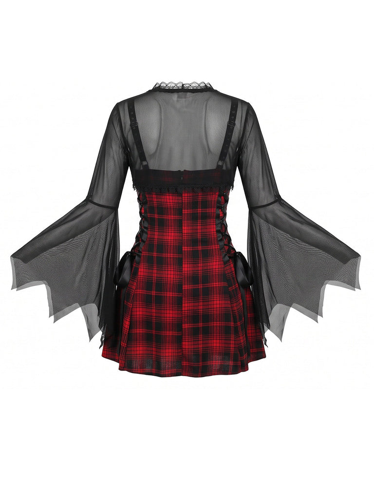 Schwarz-rotes 50er Halloween Kleid mit Fledermausärmeln und Karo