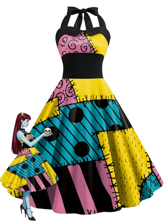 50er Halloween Sally-Kleid mit Patchwork-Print und Neckholder