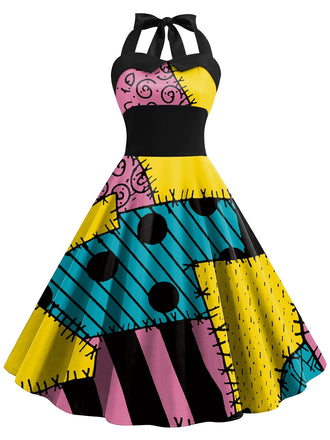 50er Halloween Sally-Kleid mit Patchwork-Print und Neckholder