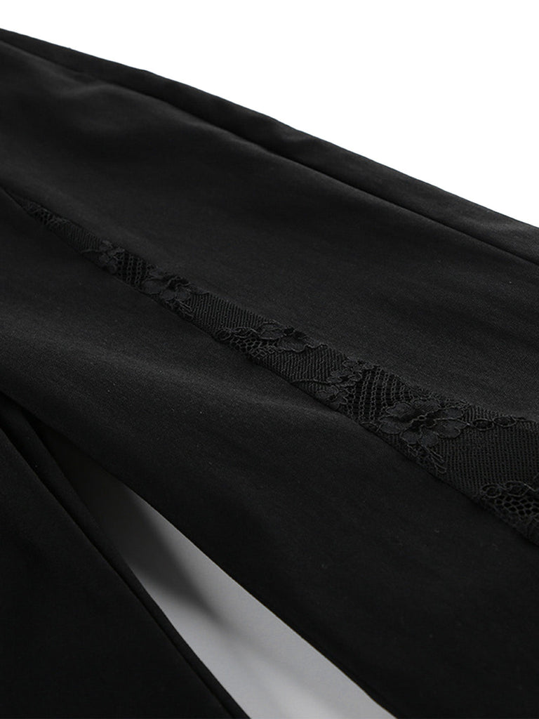 Schwarze 50er Schlaghose mit floraler Spitze und hoher Taille