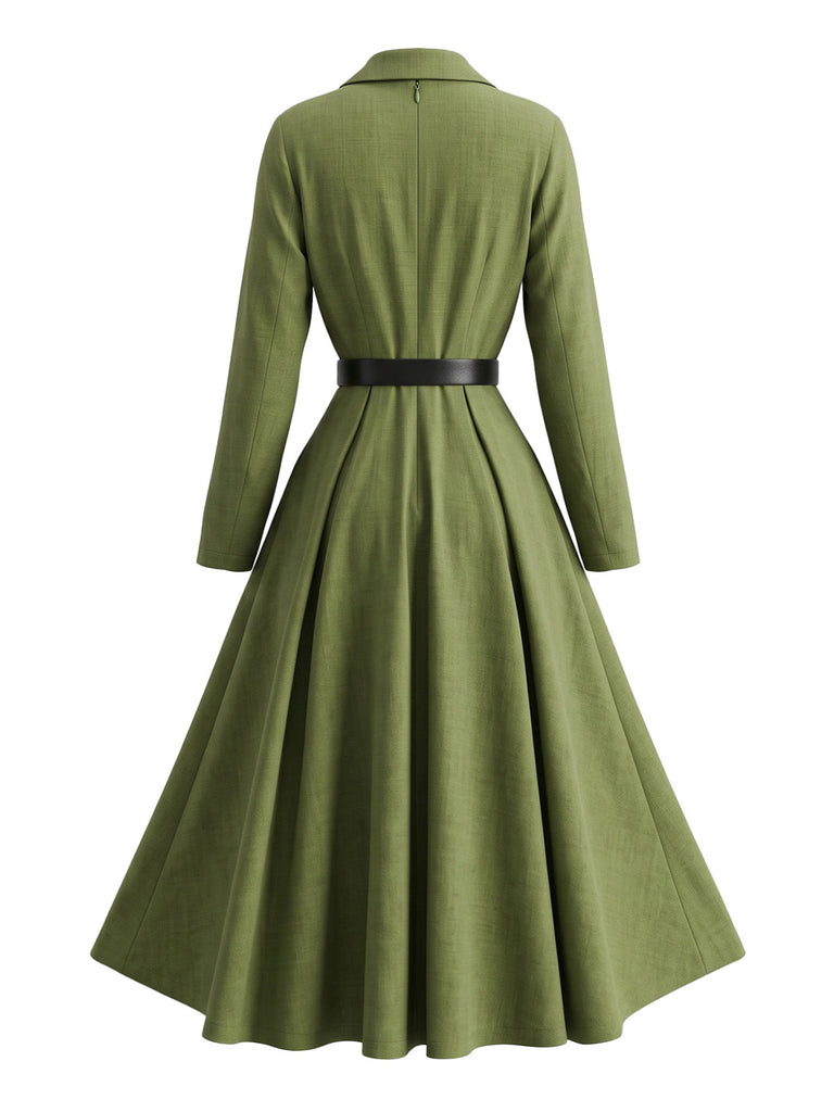50er langärmeliges Kleid mit Reverskragen und Bindegürtel