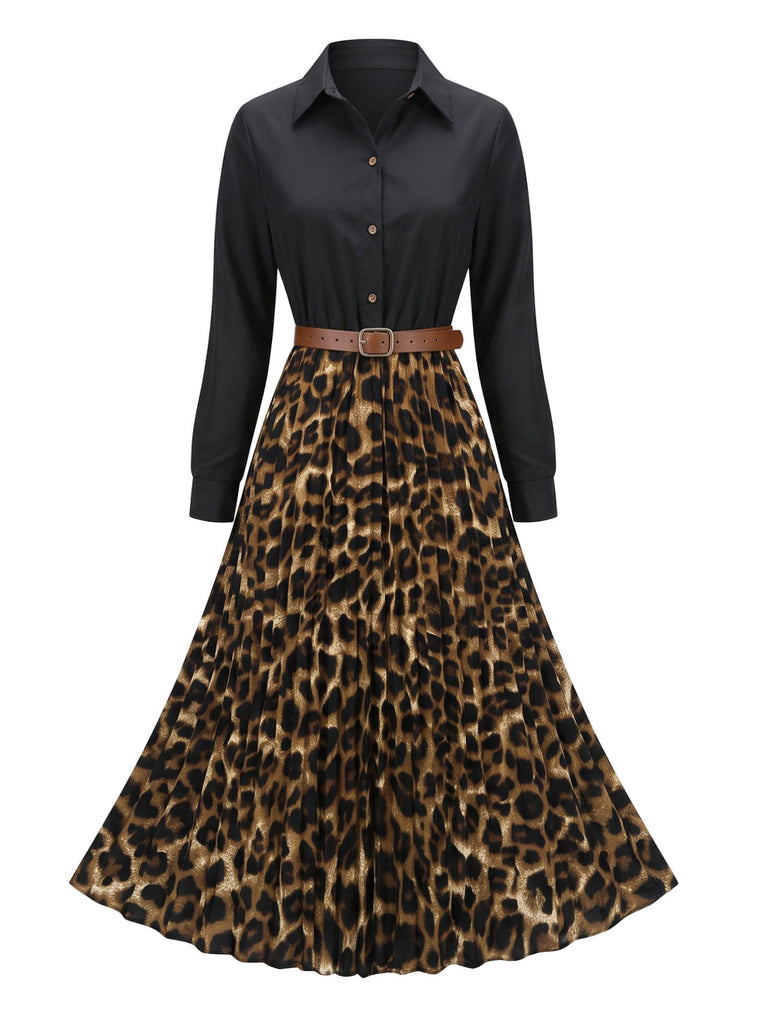 50er Shirtkleid mit Leoparden-Print und Plisseefalten