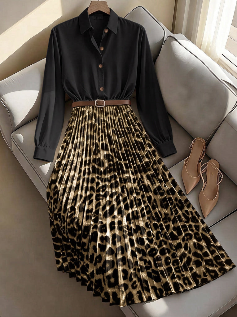 50er Shirtkleid mit Leoparden-Print und Plisseefalten