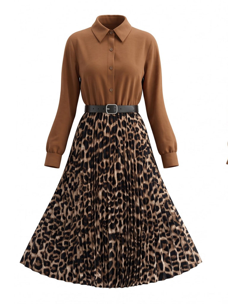 50er Shirtkleid mit Leoparden-Print und Plisseefalten