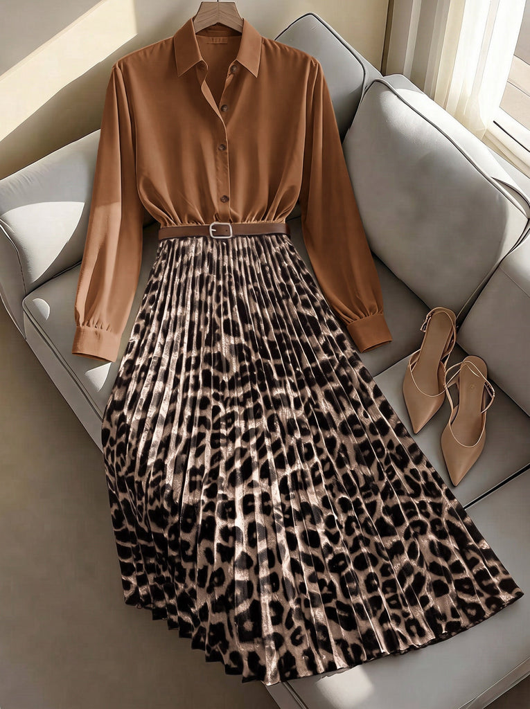 50er Shirtkleid mit Leoparden-Print und Plisseefalten