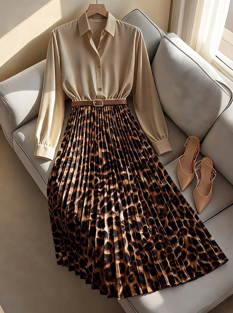 50er Shirtkleid mit Leoparden-Print und Plisseefalten