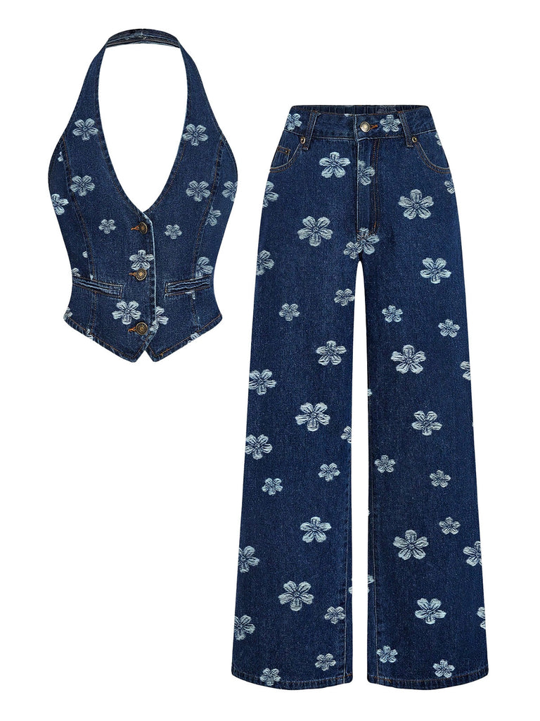 Blaues 70er Jeans-Weste & Hose Set mit Gänseblümchenstickerei