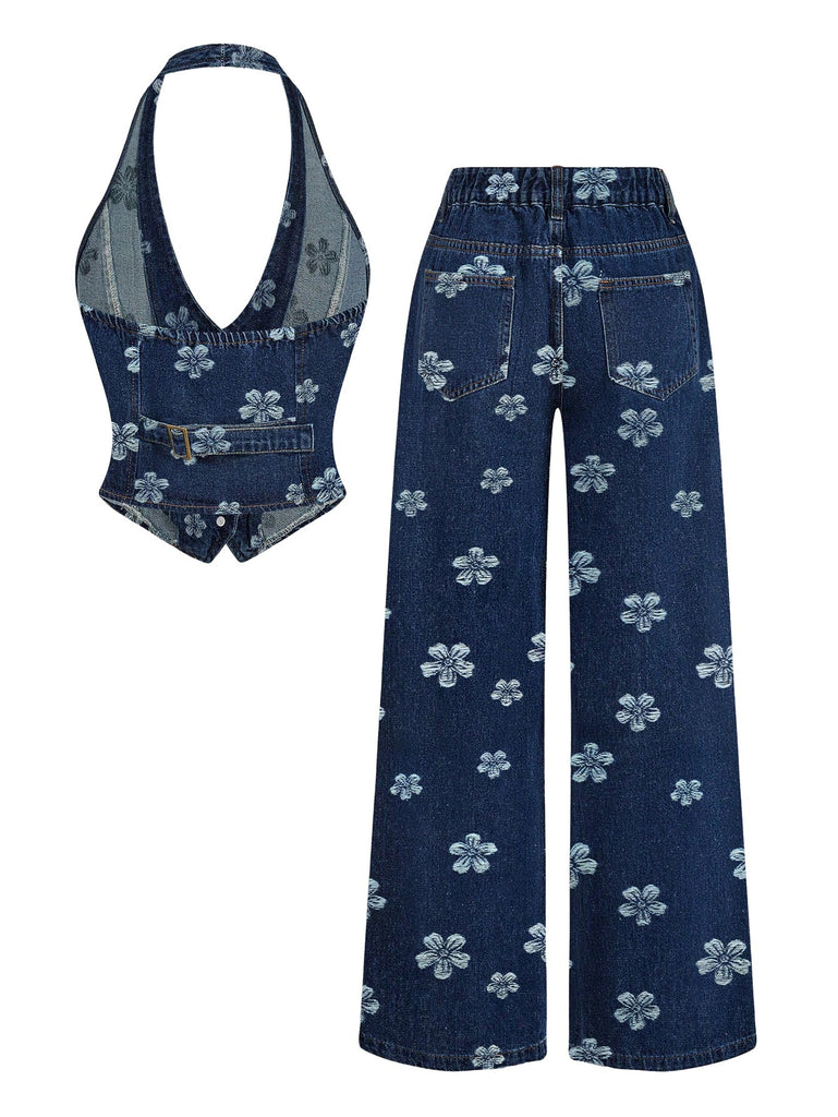 Blaues 70er Jeans-Weste & Hose Set mit Gänseblümchenstickerei
