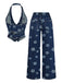 Blaues 70er Jeans-Weste & Hose Set mit Gänseblümchenstickerei