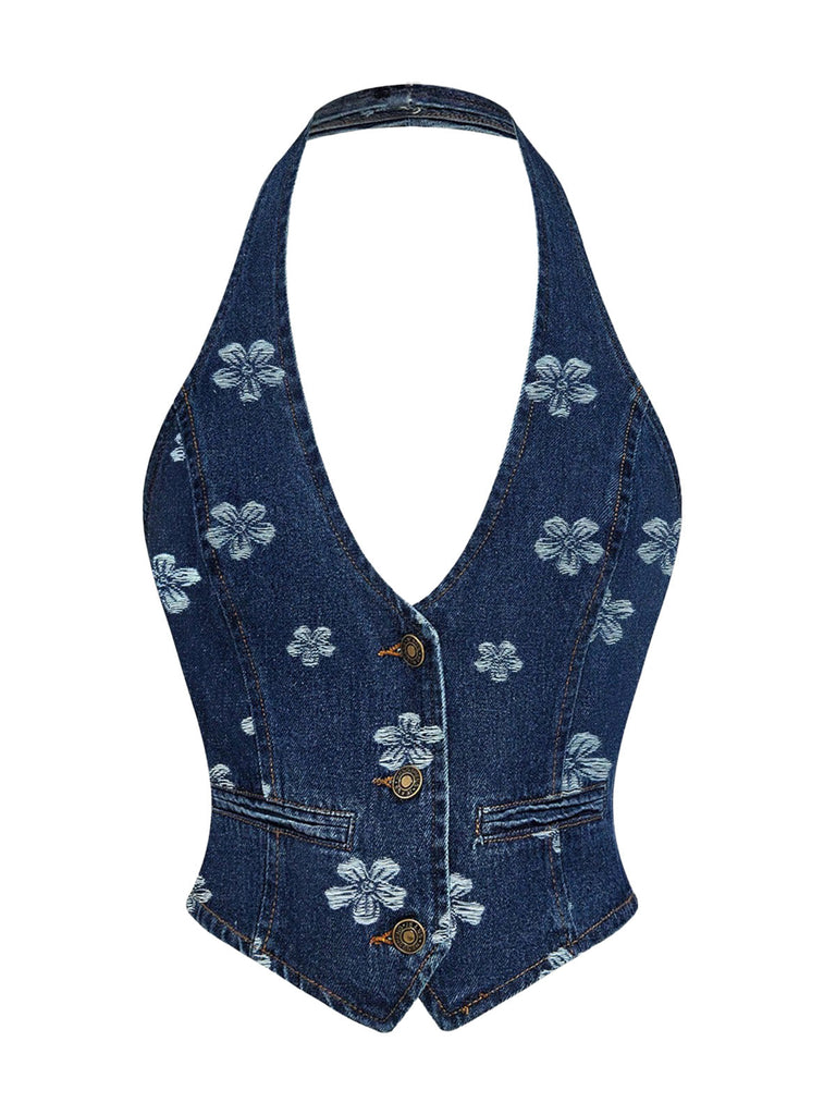 Blaues 70er Jeans-Weste & Hose Set mit Gänseblümchenstickerei