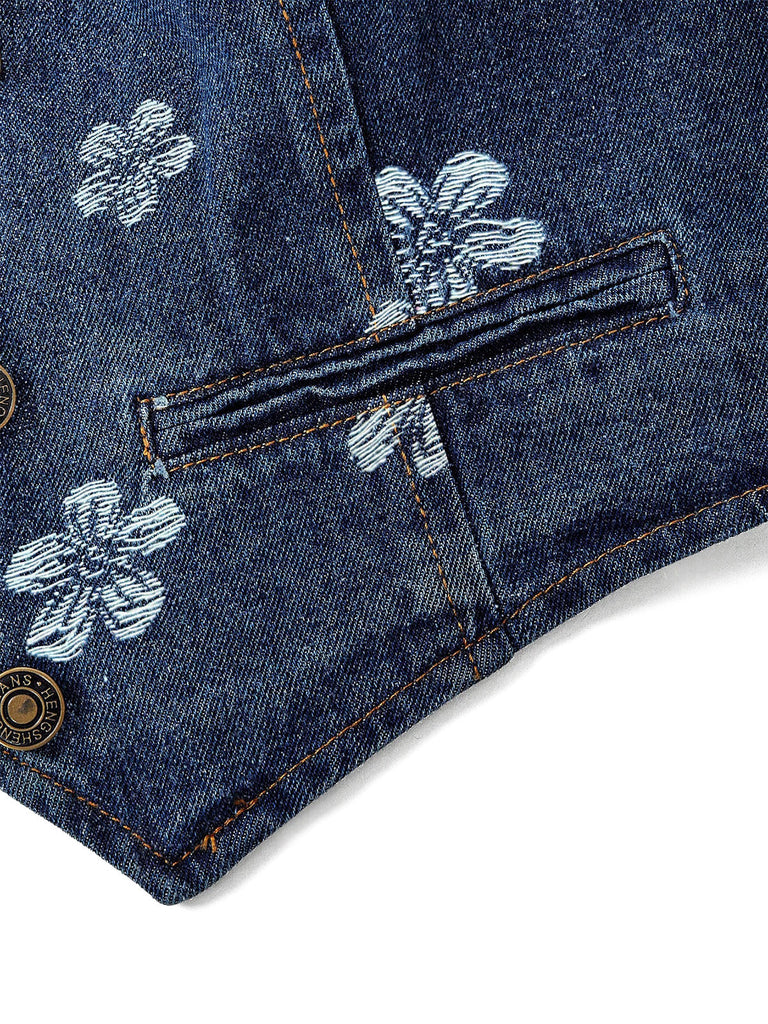 Blaues 70er Jeans-Weste & Hose Set mit Gänseblümchenstickerei