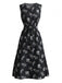 Tiefblaues 50er Kleid mit Blatt-Print und Gürtel