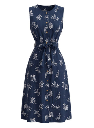 Tiefblaues 50er Kleid mit Blatt-Print und Gürtel