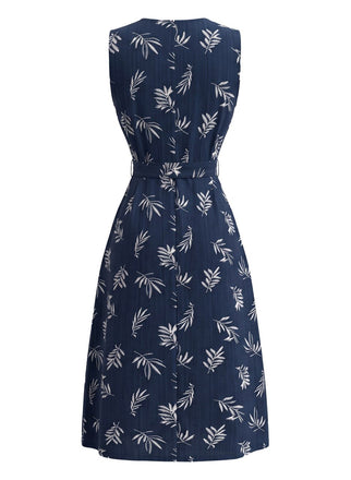 Tiefblaues 50er Kleid mit Blatt-Print und Gürtel