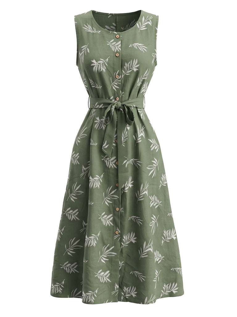 Tiefblaues 50er Kleid mit Blatt-Print und Gürtel