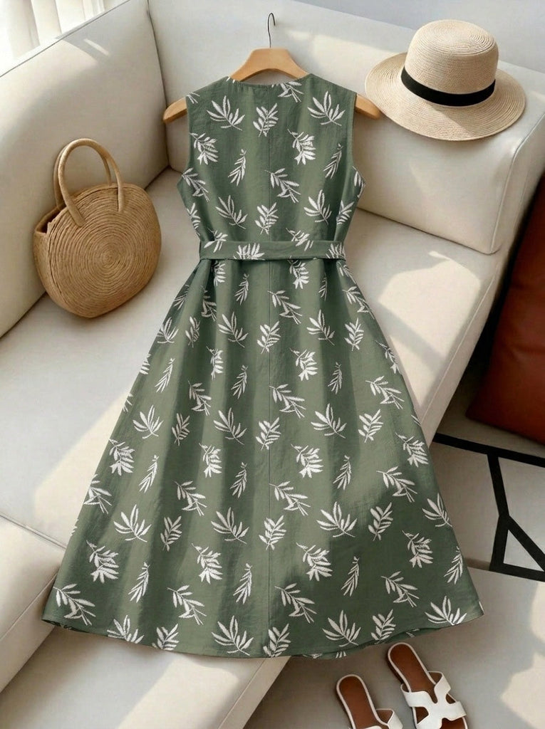 Tiefblaues 50er Kleid mit Blatt-Print und Gürtel