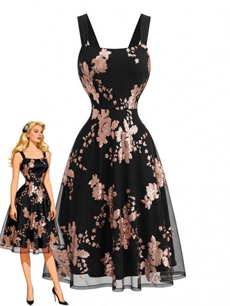 50er Mesh-Swingkleid mit Pailletten-Blumen und Rosen-Gold