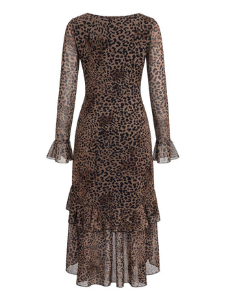 Leoparden-Print 80er Kleid mit Langarm und Rüschen