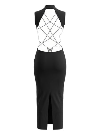 Schwarzes 80er Bodycon-Kleid mit Schmetterling und Rückenausschnitt