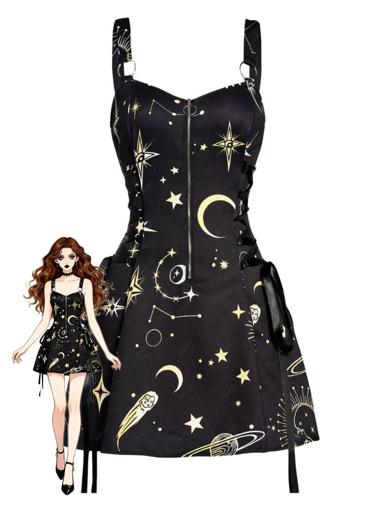 60er Halloween A-Linien-Kleid mit Sternen und Mond