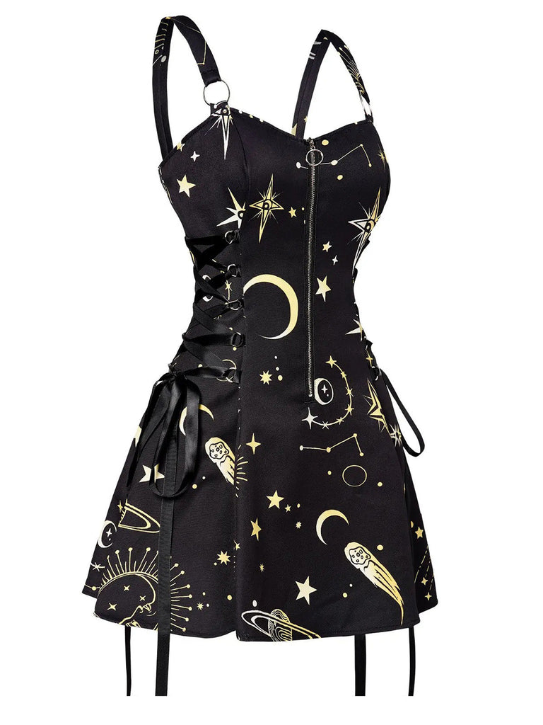 60er Halloween A-Linien-Kleid mit Sternen und Mond