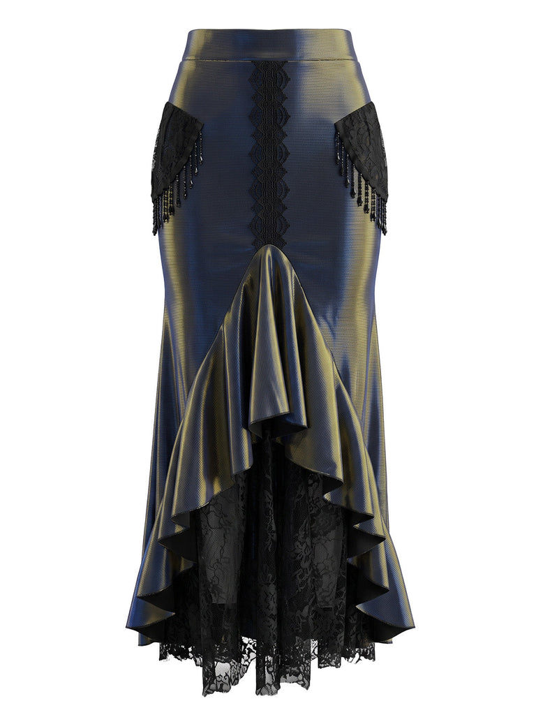 Schwarzer 30er Gothic Meerjungfrauenrock mit Metallic-Glanz und Spitze