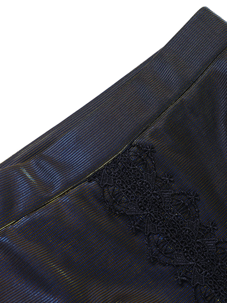 Schwarzer 30er Gothic Meerjungfrauenrock mit Metallic-Glanz und Spitze