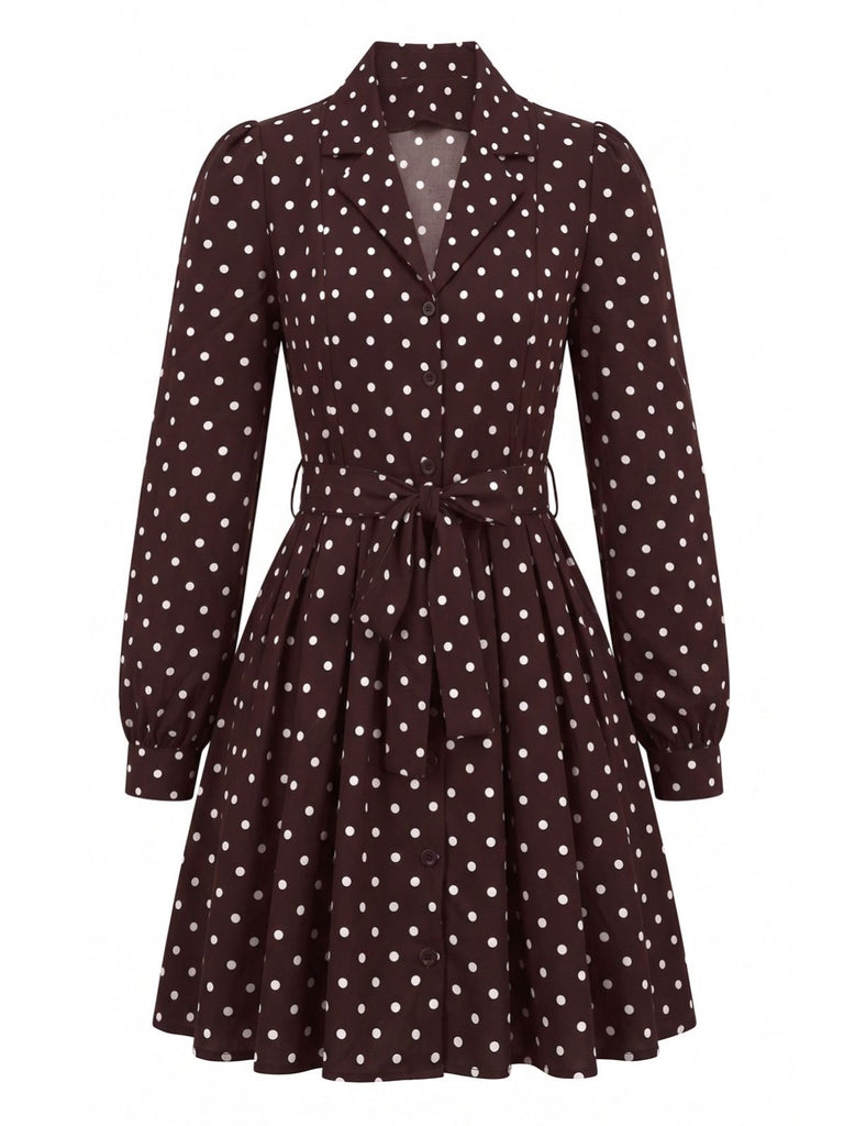 Braunes 60er Polka-Dot Kleid mit Reverskragen und Gürtel