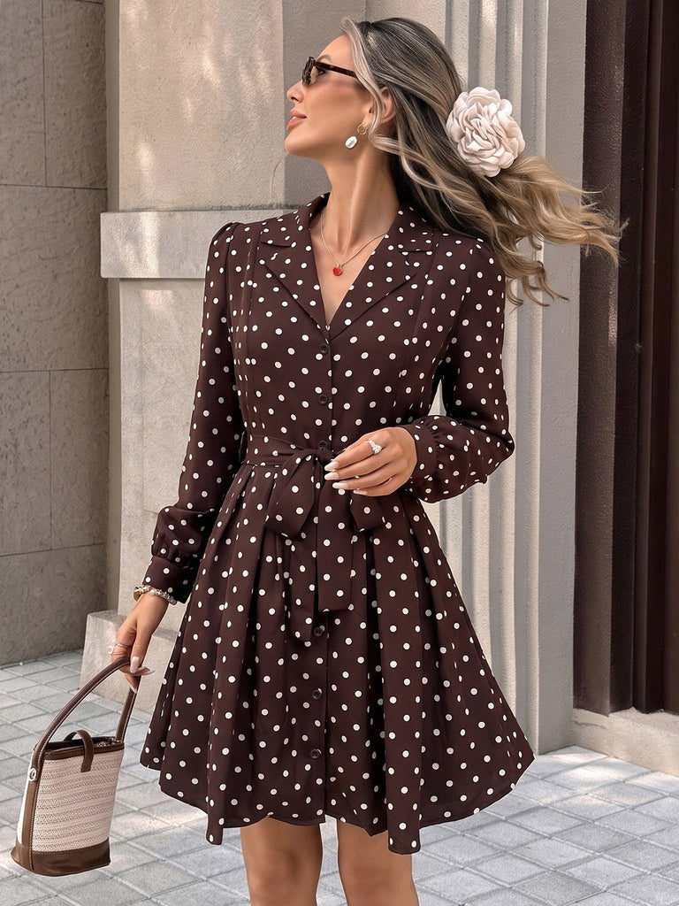 Braunes 60er Polka-Dot Kleid mit Reverskragen und Gürtel