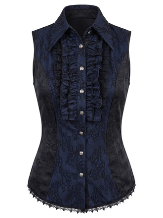 Dunkelblaue 60er Gothic-Bluse mit Jacquard und Spitze