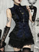Dunkelblaue 60er Gothic-Bluse mit Jacquard und Spitze