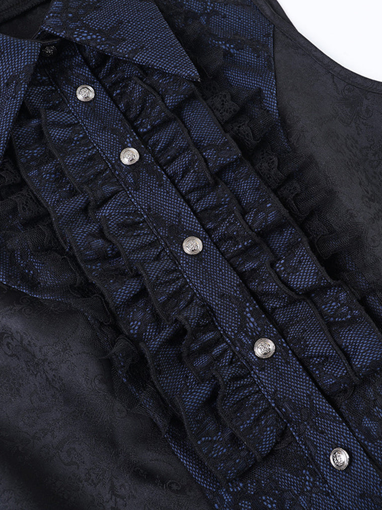 Dunkelblaue 60er Gothic-Bluse mit Jacquard und Spitze