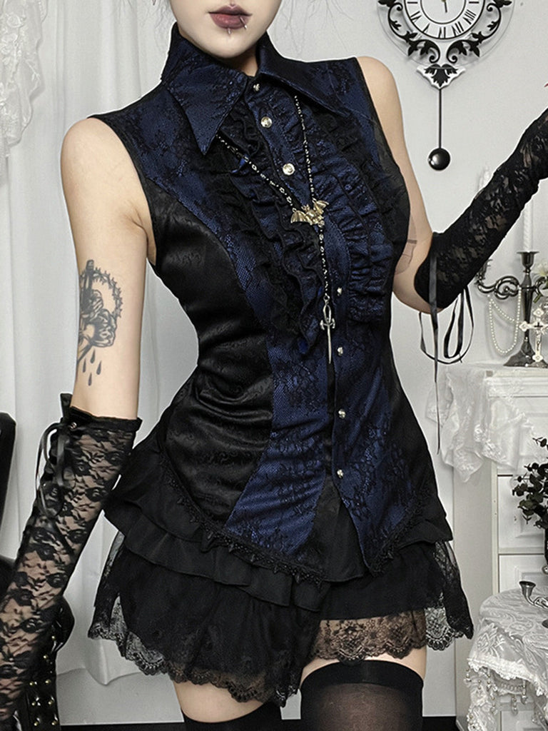 Dunkelblaue 60er Gothic-Bluse mit Jacquard und Spitze